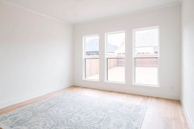 spare room with ornamental molding, light hardwood / wood-style floors, and plenty of natural light