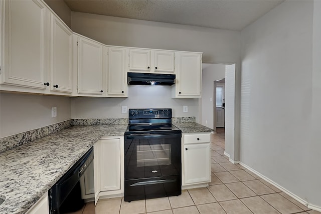 kitchen featuring white cabinets, a textured ceiling, light tile patterned floors, light stone countertops, and black appliances