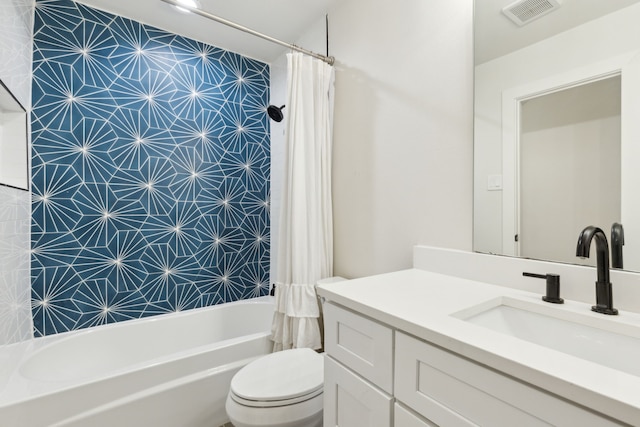 full bathroom featuring toilet, shower / tub combo, and vanity