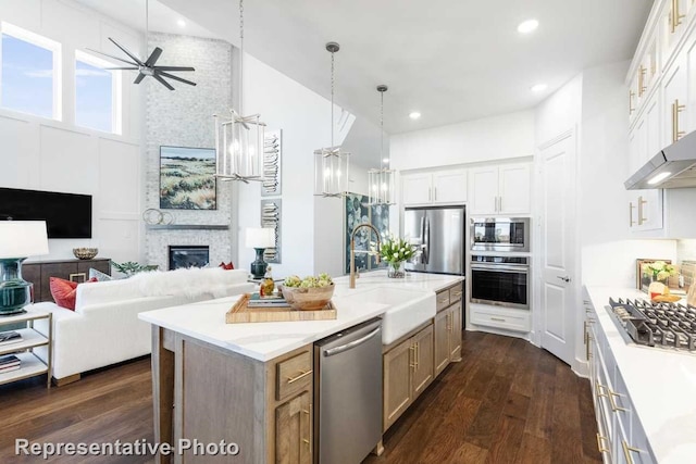 kitchen featuring stainless steel appliances, sink, decorative light fixtures, a large island, and white cabinetry