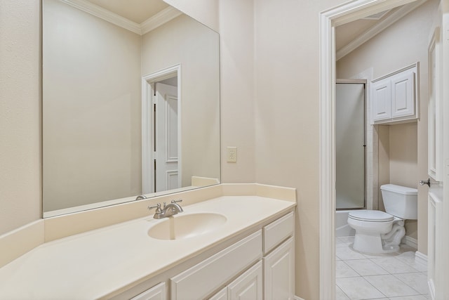 full bathroom featuring vanity, ornamental molding, toilet, tile patterned floors, and combined bath / shower with glass door