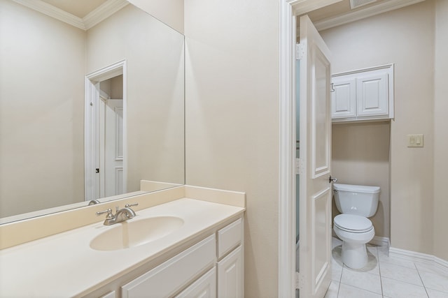 bathroom featuring toilet, tile patterned flooring, vanity, and crown molding