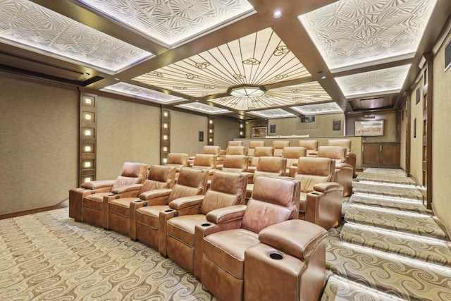 home theater featuring light carpet and coffered ceiling