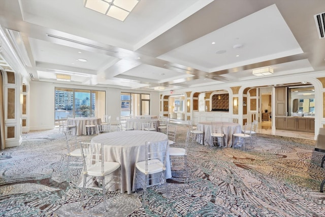 dining room featuring light carpet, beam ceiling, and coffered ceiling