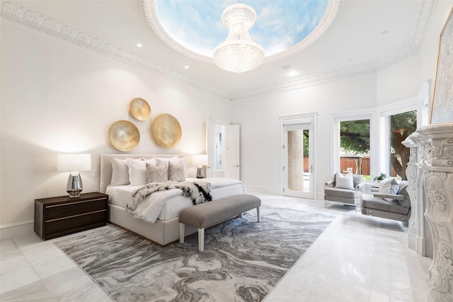 bedroom with a high ceiling, an inviting chandelier, access to outside, and crown molding