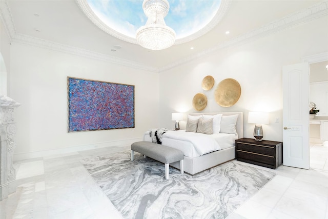 bedroom with an inviting chandelier and ornamental molding