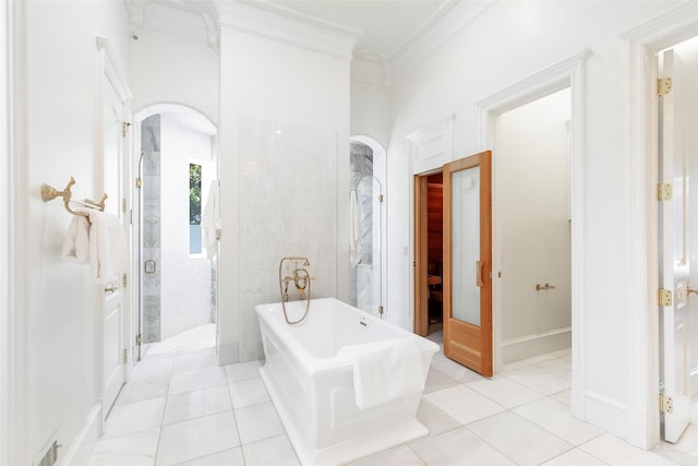 bathroom with tile patterned flooring, ornamental molding, and independent shower and bath