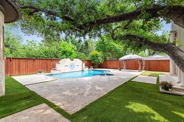 view of swimming pool featuring a lawn, a gazebo, and a patio