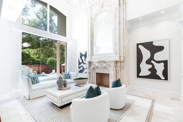 living room featuring a fireplace