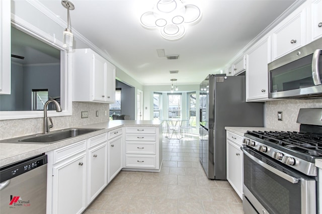 kitchen with stainless steel appliances, white cabinetry, sink, and kitchen peninsula