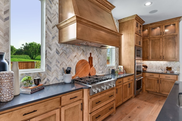 kitchen featuring custom exhaust hood, appliances with stainless steel finishes, light wood-type flooring, a healthy amount of sunlight, and tasteful backsplash