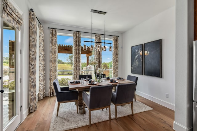 dining area featuring hardwood / wood-style floors and a chandelier