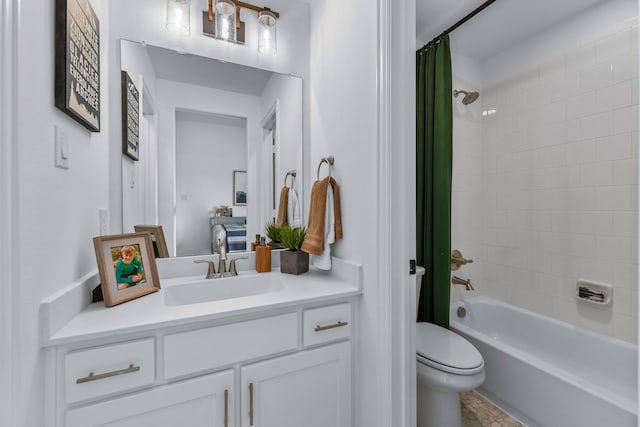 full bathroom featuring toilet, vanity, and shower / bath combination with curtain