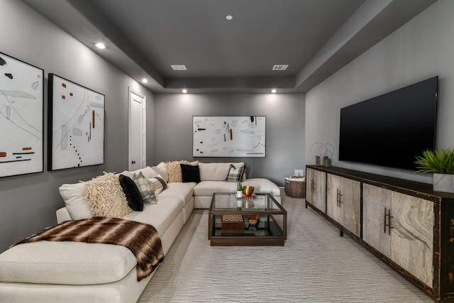 cinema room featuring a tray ceiling