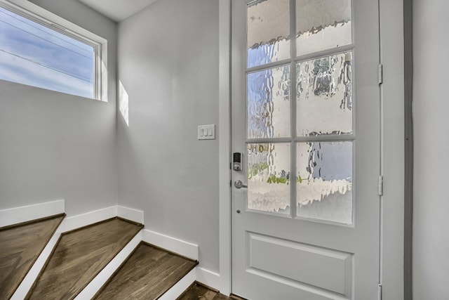 doorway with dark wood-type flooring and plenty of natural light