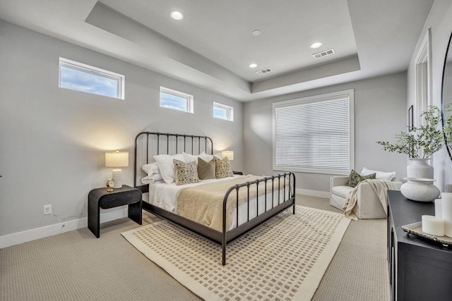 carpeted bedroom with a raised ceiling