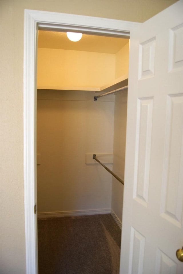 spacious closet featuring dark carpet