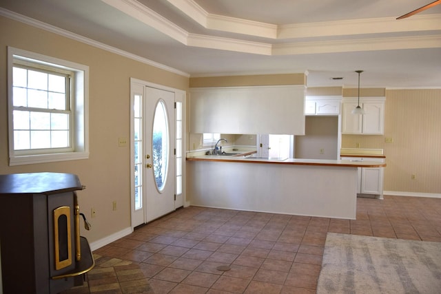 foyer featuring ornamental molding, a wealth of natural light, light tile patterned flooring, and a tray ceiling