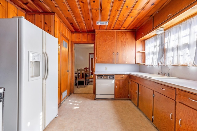 kitchen featuring white appliances, wood ceiling, and sink