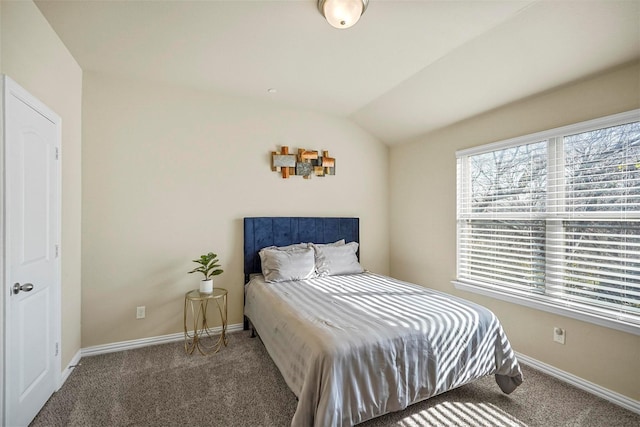 bedroom with lofted ceiling and carpet flooring