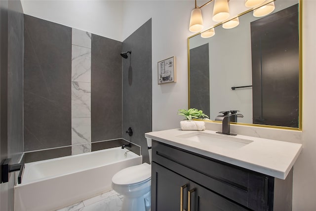 full bathroom with toilet, tiled shower / bath combo, and vanity