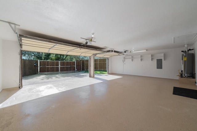 garage featuring a garage door opener, electric panel, and gas water heater