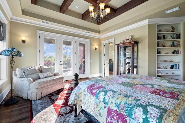 bedroom featuring dark hardwood / wood-style flooring, crown molding, beamed ceiling, and access to exterior