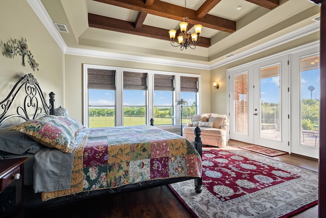 bedroom featuring coffered ceiling, a notable chandelier, french doors, beam ceiling, and access to outside