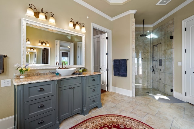 bathroom with vanity, crown molding, and an enclosed shower