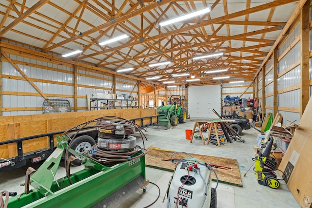 garage with a workshop area