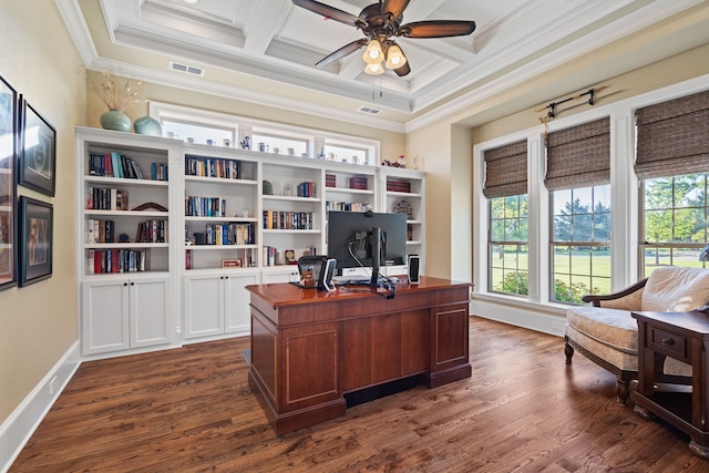 office area with coffered ceiling, dark hardwood / wood-style flooring, ornamental molding, and beam ceiling