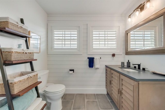 bathroom with toilet, wooden walls, and vanity