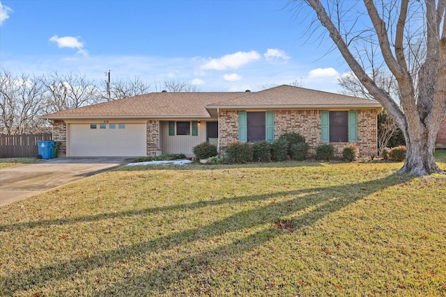 single story home featuring a front yard and a garage