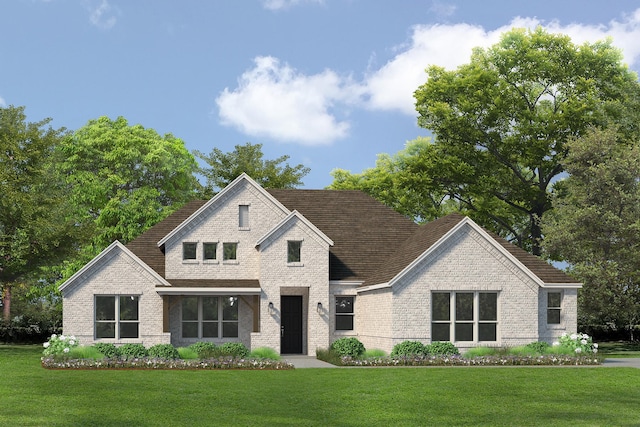 view of front of house featuring roof with shingles, brick siding, and a front lawn