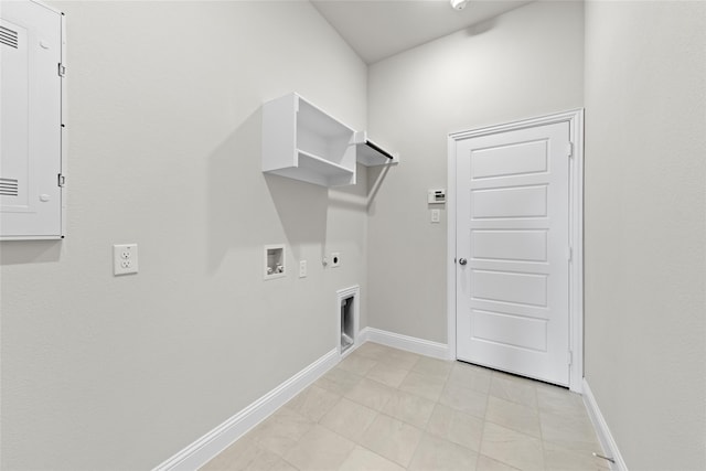 laundry room featuring hookup for an electric dryer, hookup for a washing machine, light tile patterned flooring, and hookup for a gas dryer