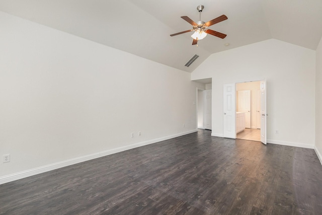 interior space featuring high vaulted ceiling, dark hardwood / wood-style floors, and ceiling fan