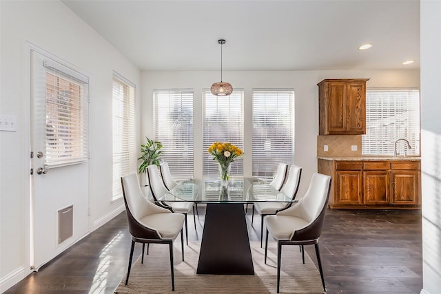 dining space featuring dark hardwood / wood-style floors and sink