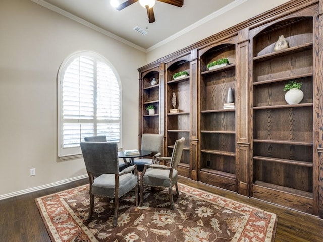 office area featuring ceiling fan, crown molding, and dark hardwood / wood-style flooring