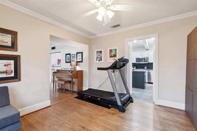 workout area featuring ceiling fan, light hardwood / wood-style floors, and crown molding