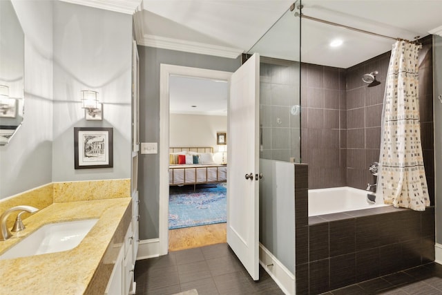 bathroom featuring vanity, tile patterned flooring, crown molding, and shower / bath combo with shower curtain