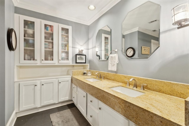 bathroom with vanity, tile patterned flooring, and ornamental molding