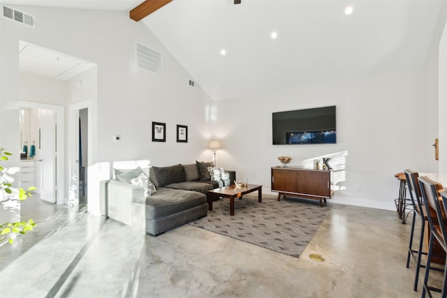 living room featuring high vaulted ceiling, concrete flooring, and beam ceiling