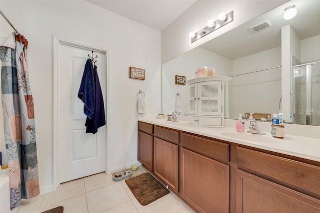 bathroom with vanity, tile patterned flooring, and a shower with shower curtain