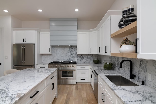 kitchen featuring high end appliances, light stone countertops, sink, white cabinetry, and backsplash