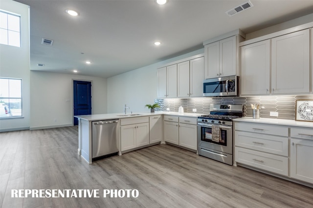 kitchen featuring stainless steel appliances, decorative backsplash, white cabinetry, and kitchen peninsula