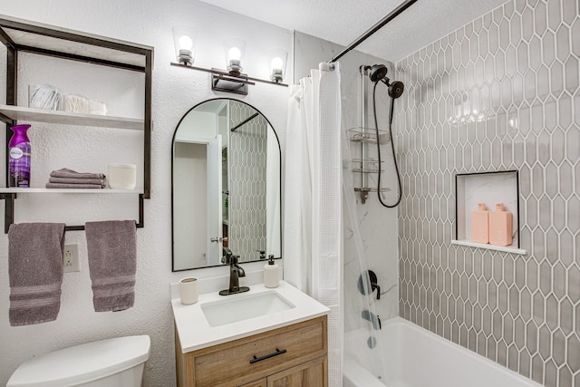 full bathroom with toilet, vanity, a textured ceiling, and shower / bathtub combination with curtain