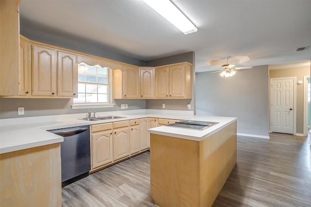 kitchen with sink, dishwasher, ceiling fan, light brown cabinetry, and black electric cooktop