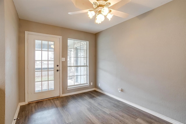 doorway with ceiling fan, a healthy amount of sunlight, and dark hardwood / wood-style floors