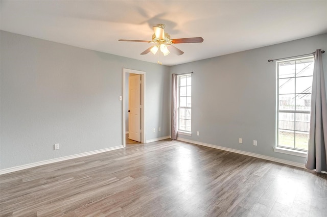 unfurnished room with ceiling fan, light hardwood / wood-style flooring, and plenty of natural light