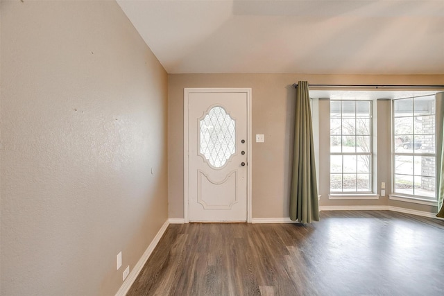 entryway featuring lofted ceiling and dark hardwood / wood-style floors